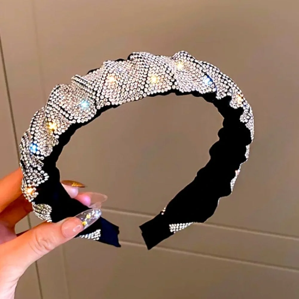 🌟 Rhinestone Crystals Black Silver Headband