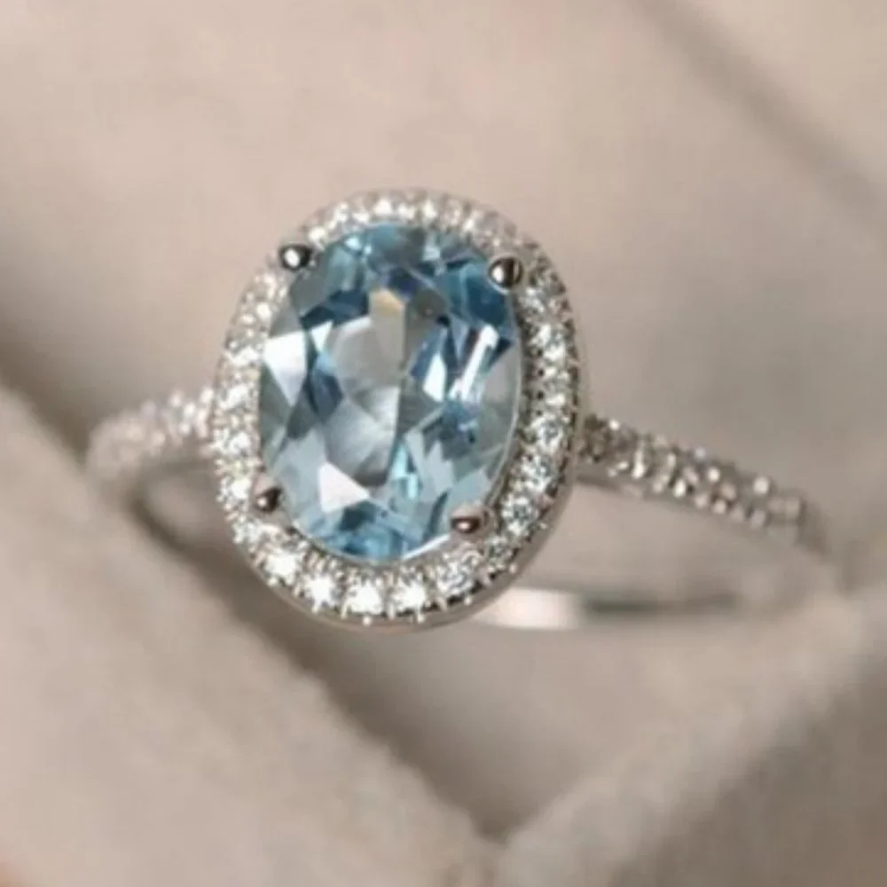*NEW Silver Aquamarine Diamond Halo Oval Cut Ring