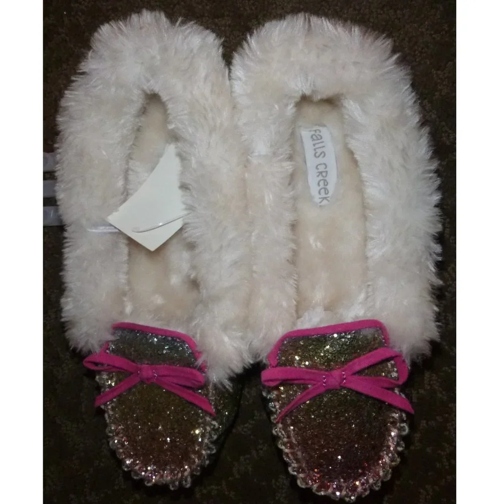 Baby Toddlers Girls Falls Creek FUR & GLITTER Moccasin Slippers Size 6  NWT