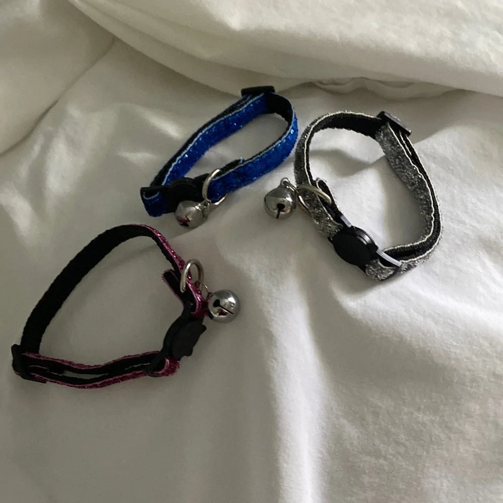 3 extra small cat/dog collar with Bells. Glittery bling. Blue, silver, hot pink