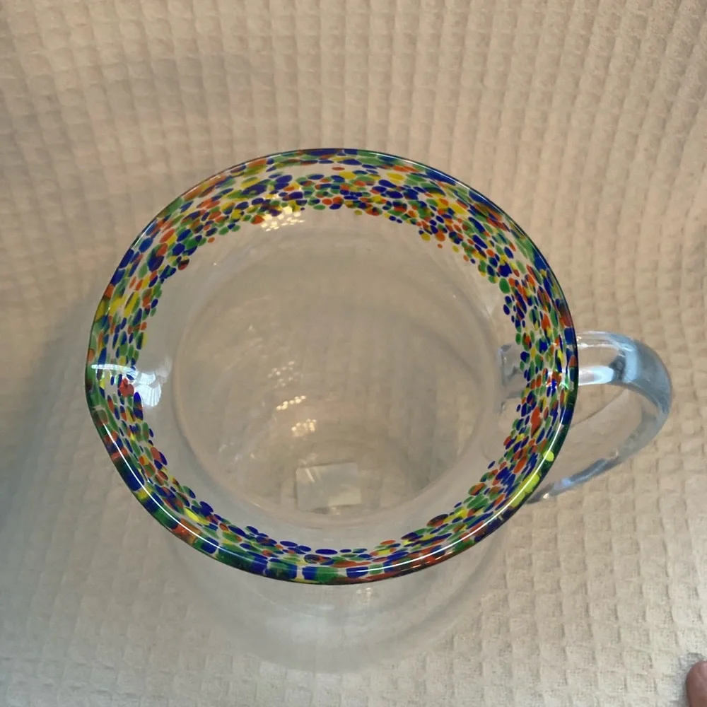 Crate & Barrel Fiesta Confetti Rim Hand Blown Pitcher With Applied Handle