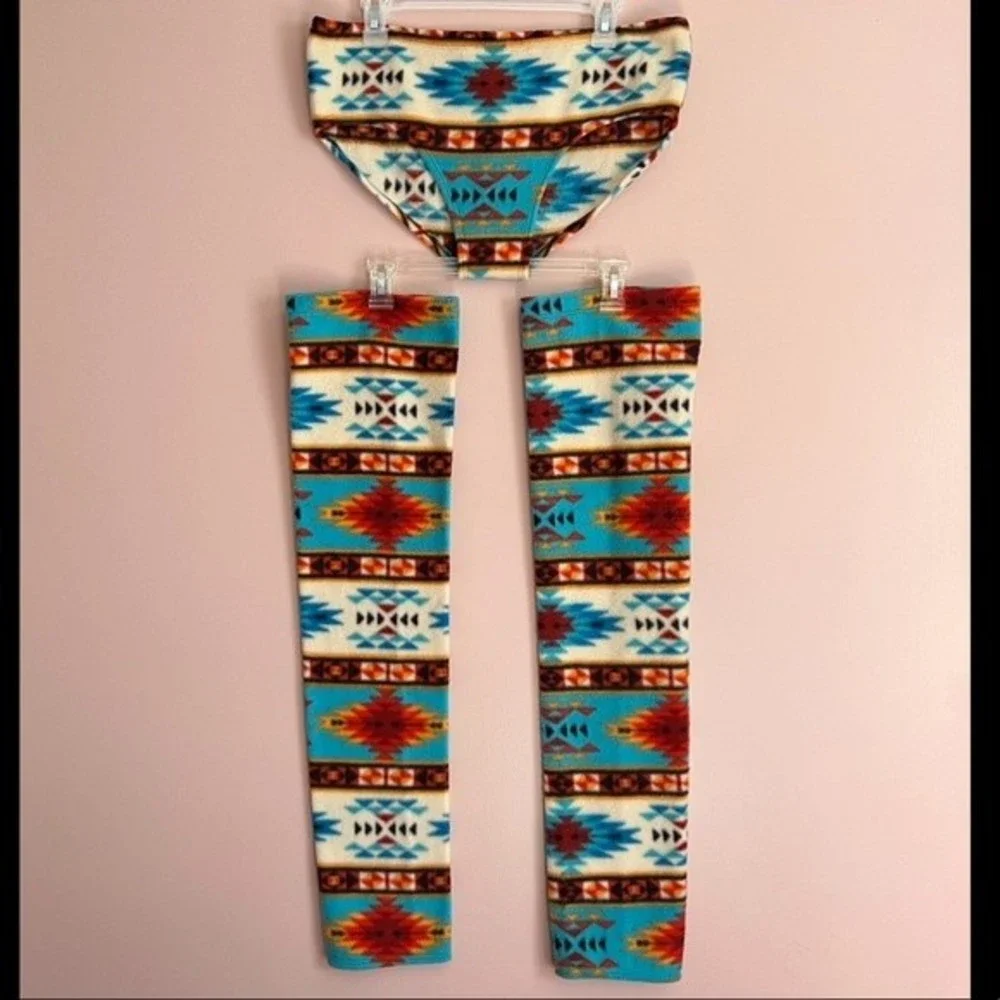 Tribal Aztec Fleece Thigh High Leg Warmers And Panty Set Warm Festival Clubwear