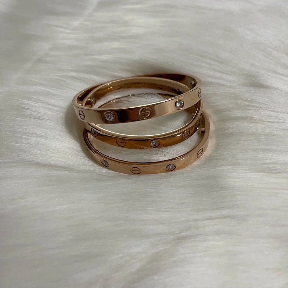 Stainless Steel Screw Cuff Bangle Bracelet 4 Stones Screwdriver Rose Gold