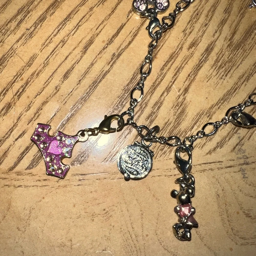 Disney 9 charm bracelet Minnie mickey crown rhinestones clasps birthday 7 inch