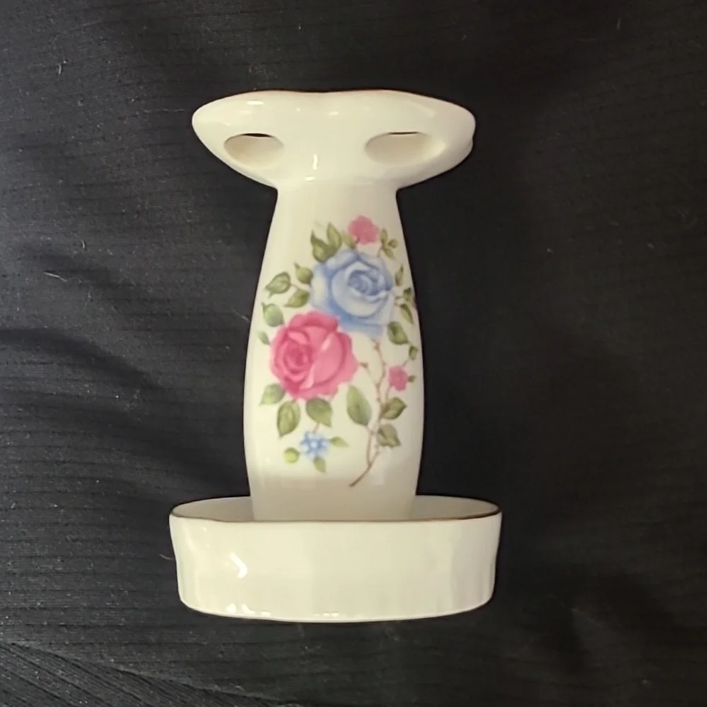Vintage Floral Porcelain Vanity Toothbrush Holder Pink Blue Rose Motif