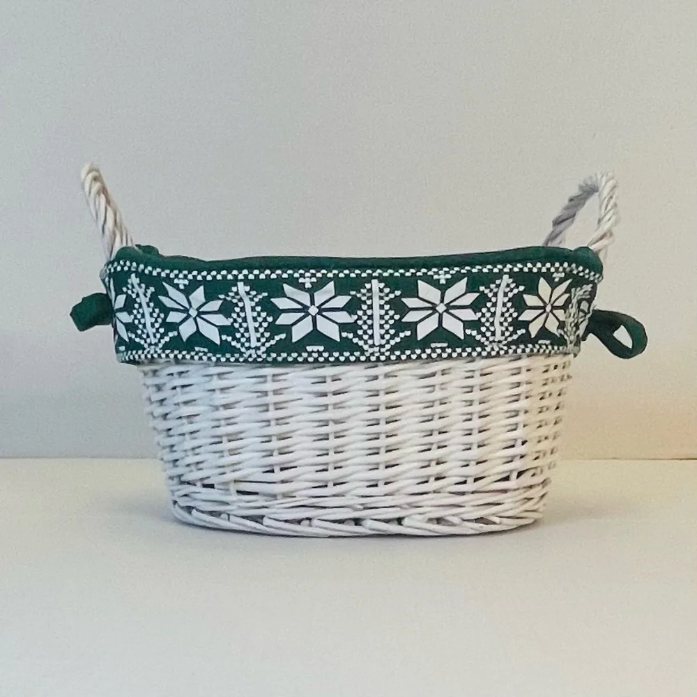 White Wicker Basket with Removable Green Cloth Snowflake Trimmed Lining