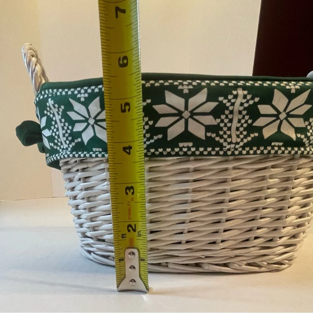 White Wicker Basket with Removable Green Cloth Snowflake Trimmed Lining