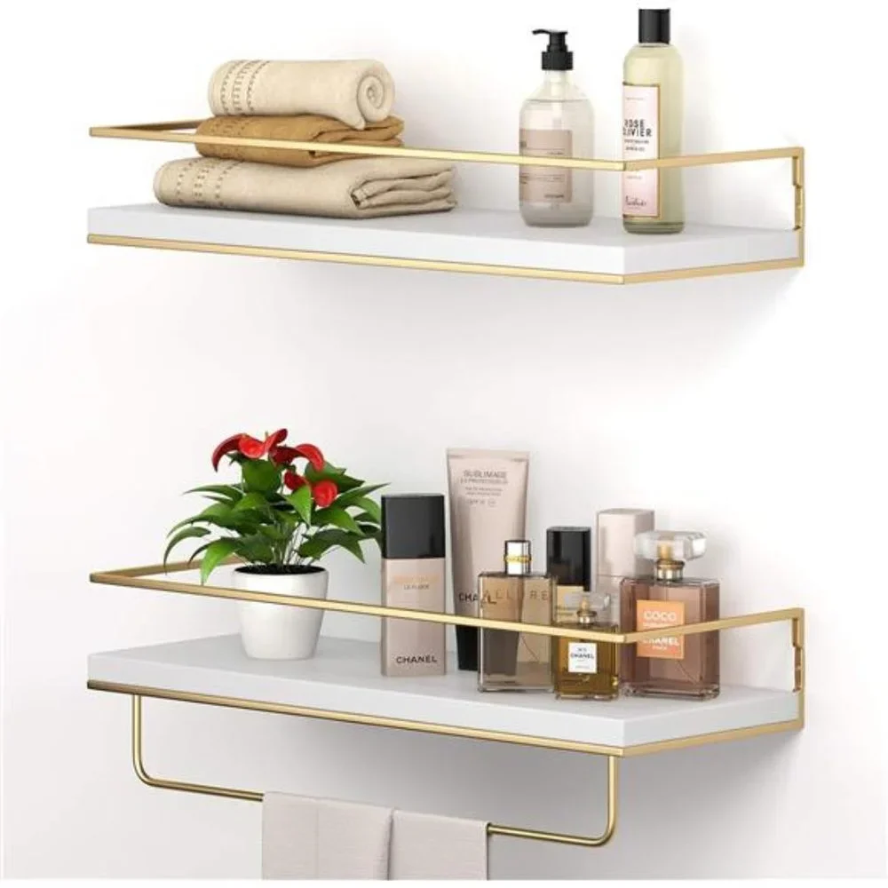 White Floating Shelves - Set of 2 Wall Mounted Hanging Shelves Golden Towel Rack