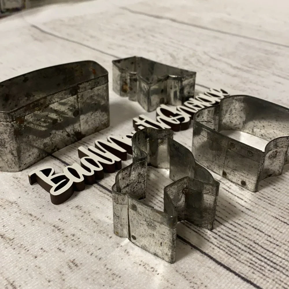 Set of 4 Vintage Metal Cookie Cutters - Bread Loaf, Lamb, Mississippi, and Book