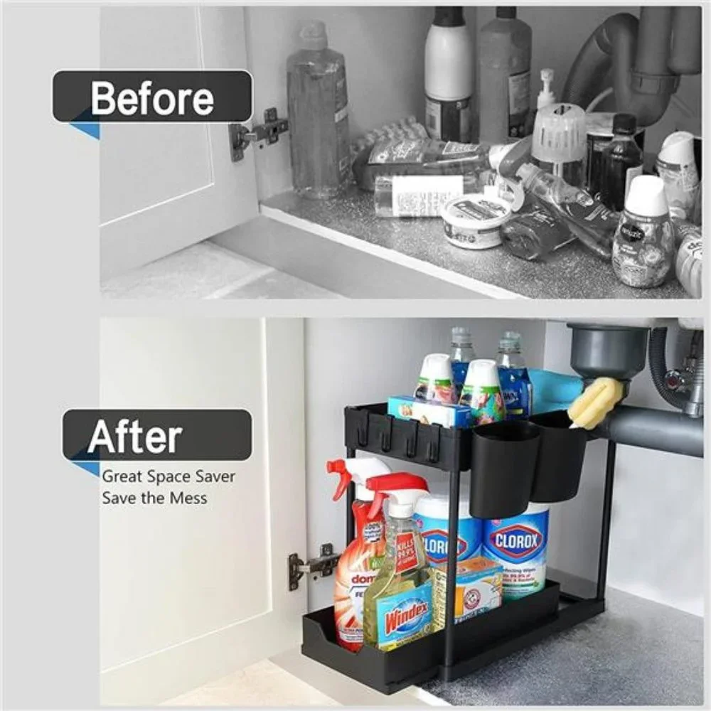 2 Pack Under Sink Organizers & Storage with Sliding Drawer, 2 Tier, Modern Black