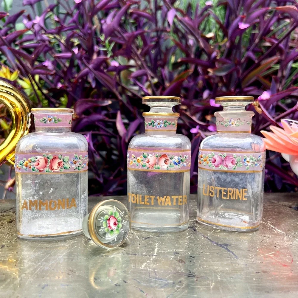 VTG Ammonia, Listerine, and Toilet Water Floral Vanity Bottles