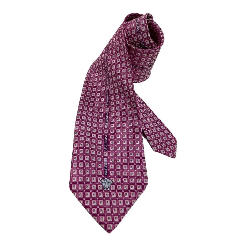VERSACE Pink Geometric With Logo Silk Tie Made In Italy 58
