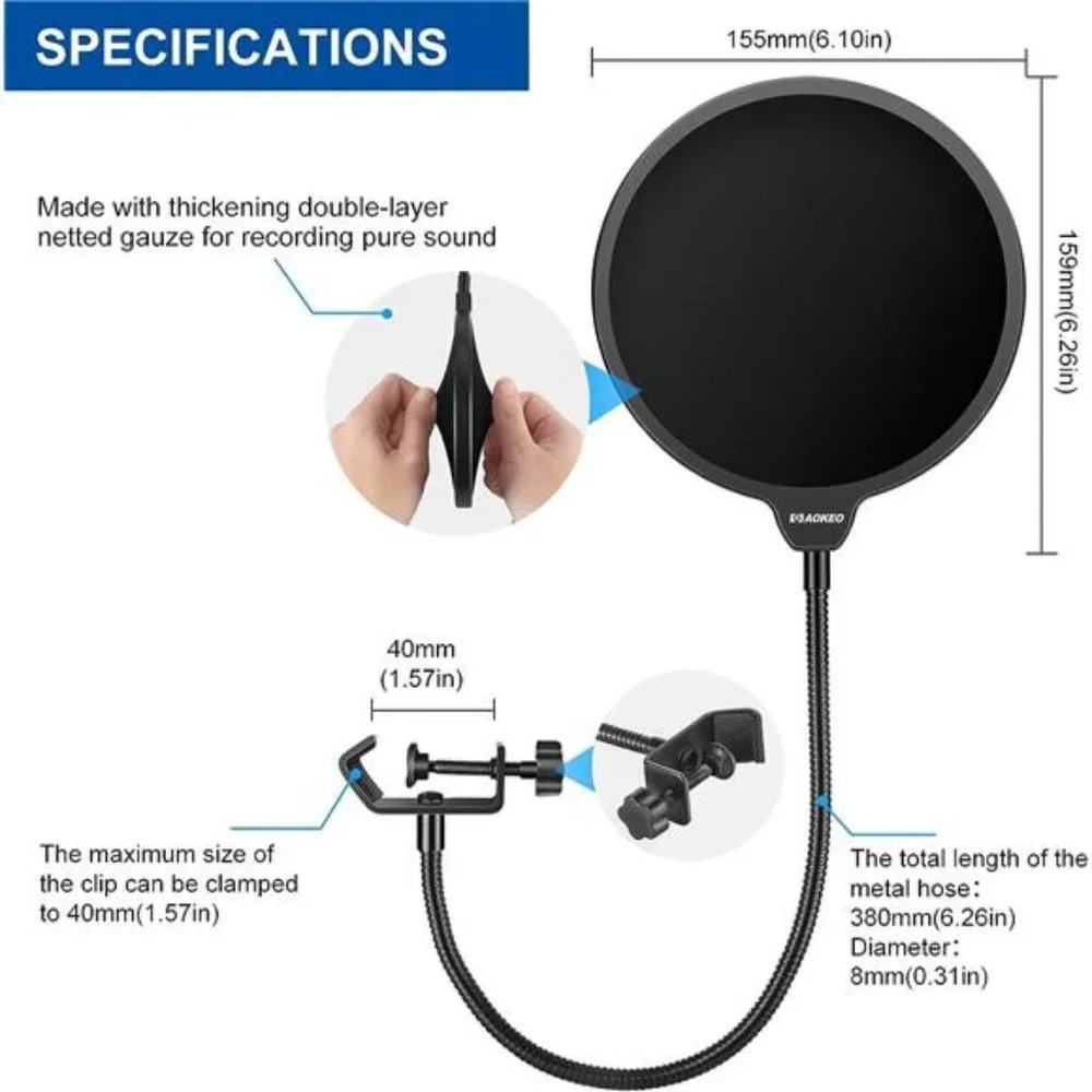 Professional Microphone Pop Filter Mask Shield For Blue Yeti and Any Other