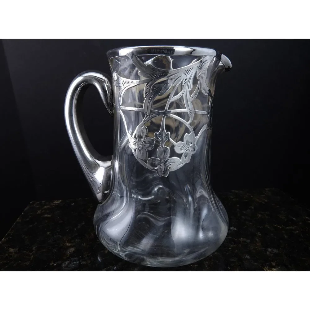 c1900 Art Nouveau Sterling Silver Overlay Art glass Juice Pitcher