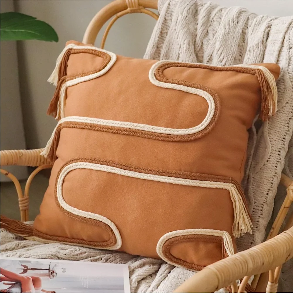 Braided Mid Century Orange Pillow Case Fringed Neutral Textured Boho Farmhouse