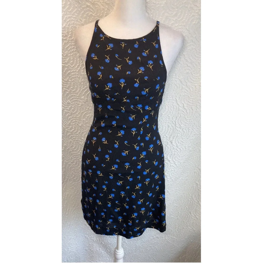 Urban Outfitters UO Mabel Black Blue Floral High-Neck Empire Mini Dress Size 0