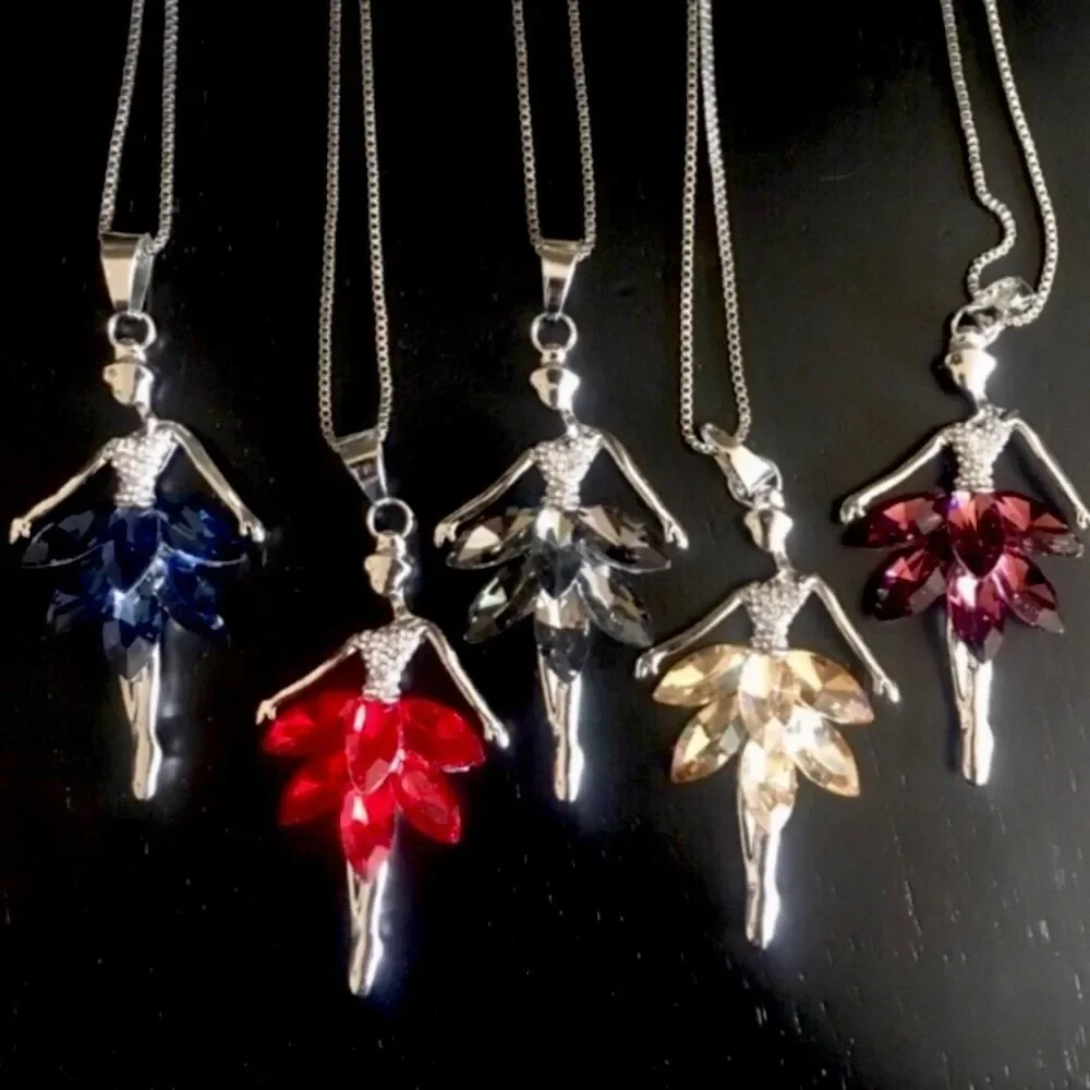 Crystal Ballerina Dancer Long Pendant Necklace Tutu Ballet