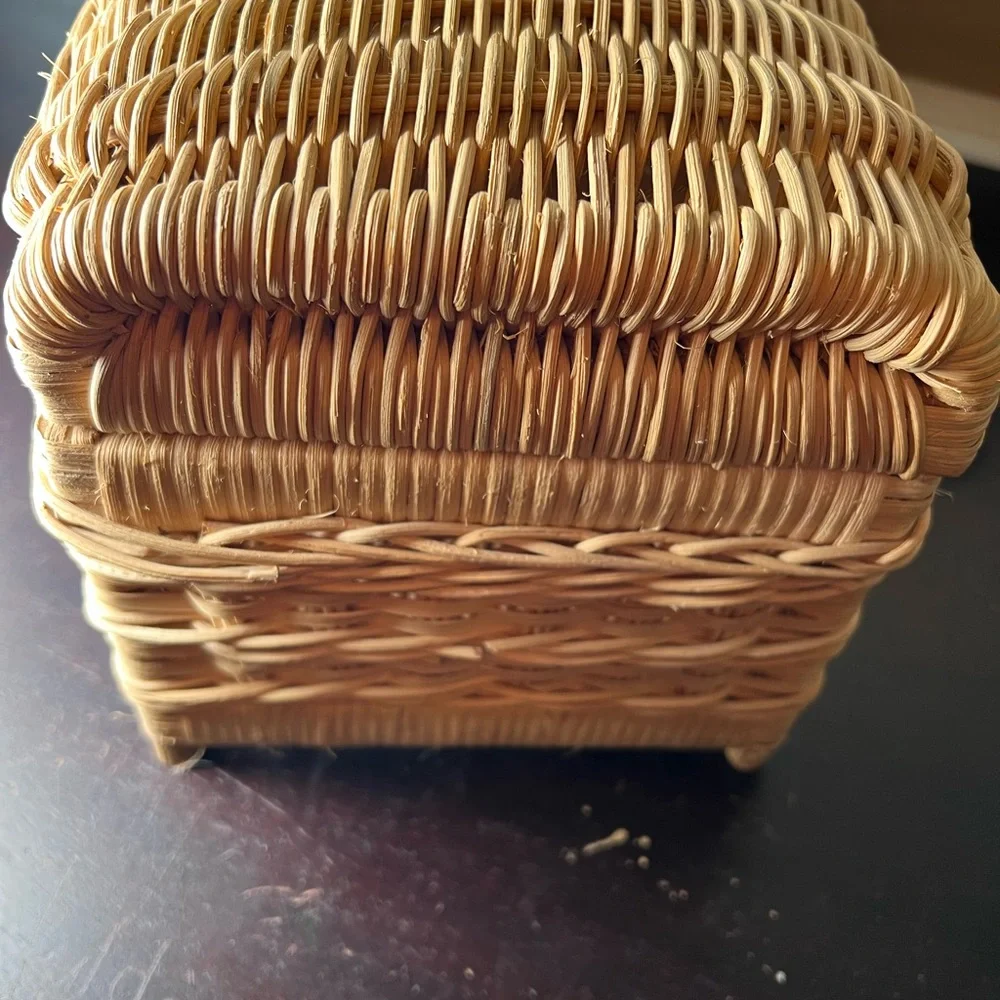 Vintage Wicker / Rattan Woven Picnic Basket w Handles, Needlework Storage, Craft
