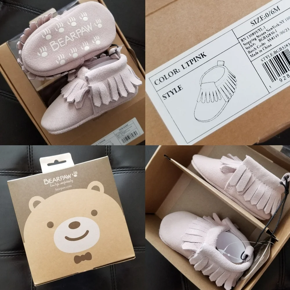 ❗BEARPAW Baby Jack Light Pink Suede Fleece Lined Moccasin Booties Size 0-6M❗