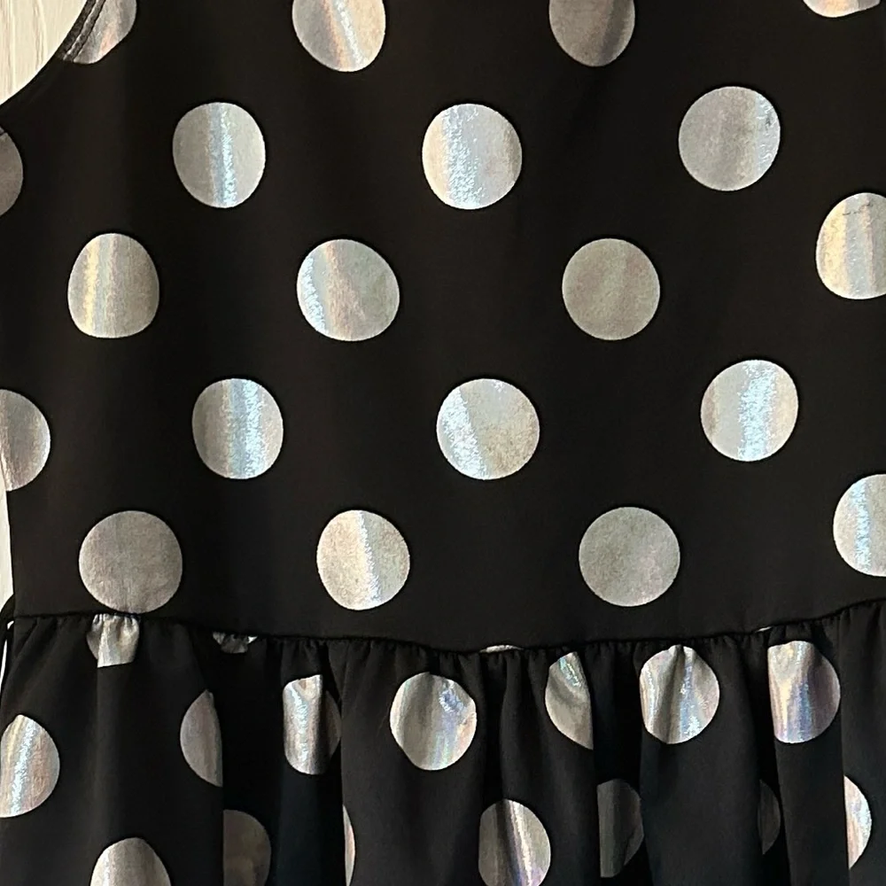 Justice skater dress- black with large silver polka dots. Size 12