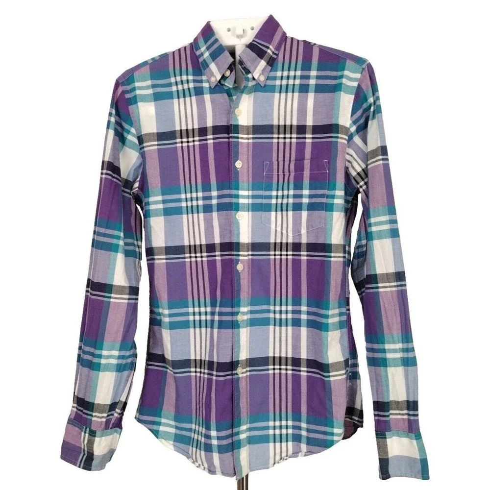 J.Crew Summer Plaid Shirt Mens Size S Purple Blue Long Sleeve Button Up