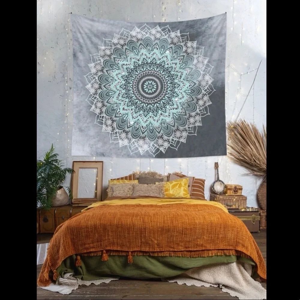 Boho Mandala Grey and Blue Geometric Tapestry Wall Hanging