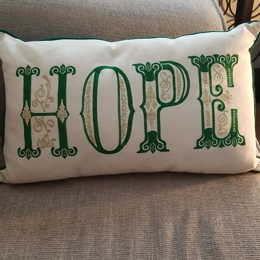 Hope Linen Accent Pillow with Gold Embroidery