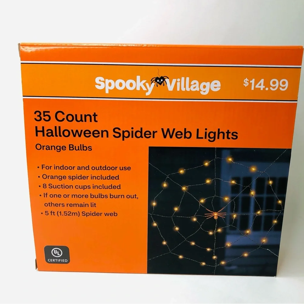 Spooky Village 5' Halloween Orange Spider Web Lights 35 Count Indoor & Outdoor