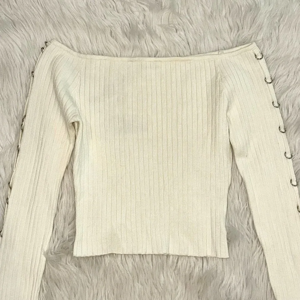 REVOLVE Superdown Tamina Off The Shoulder Top Metal Ring Sleeve Rib Knit Blouse