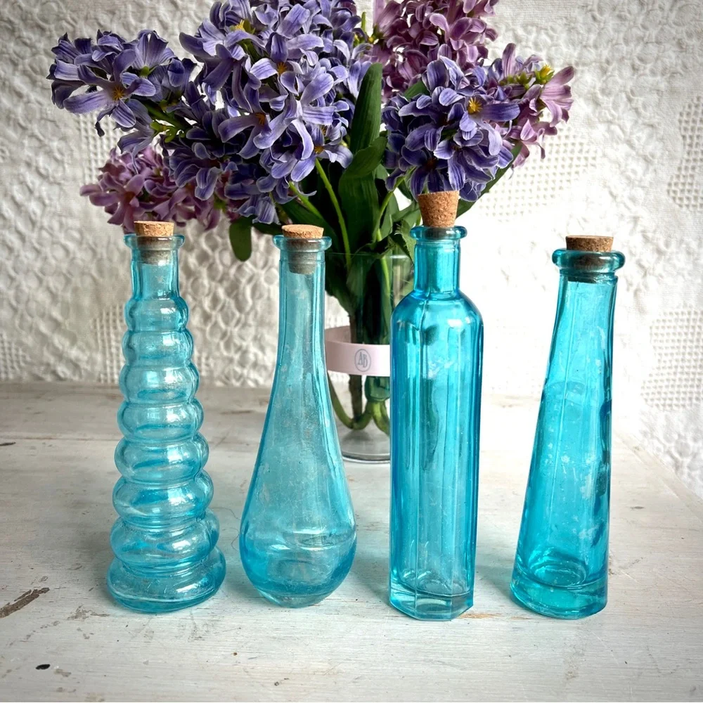 70s VINTAGE Aqua Glass Bottles Table Decor Wedding Birthdays Showers $29 each