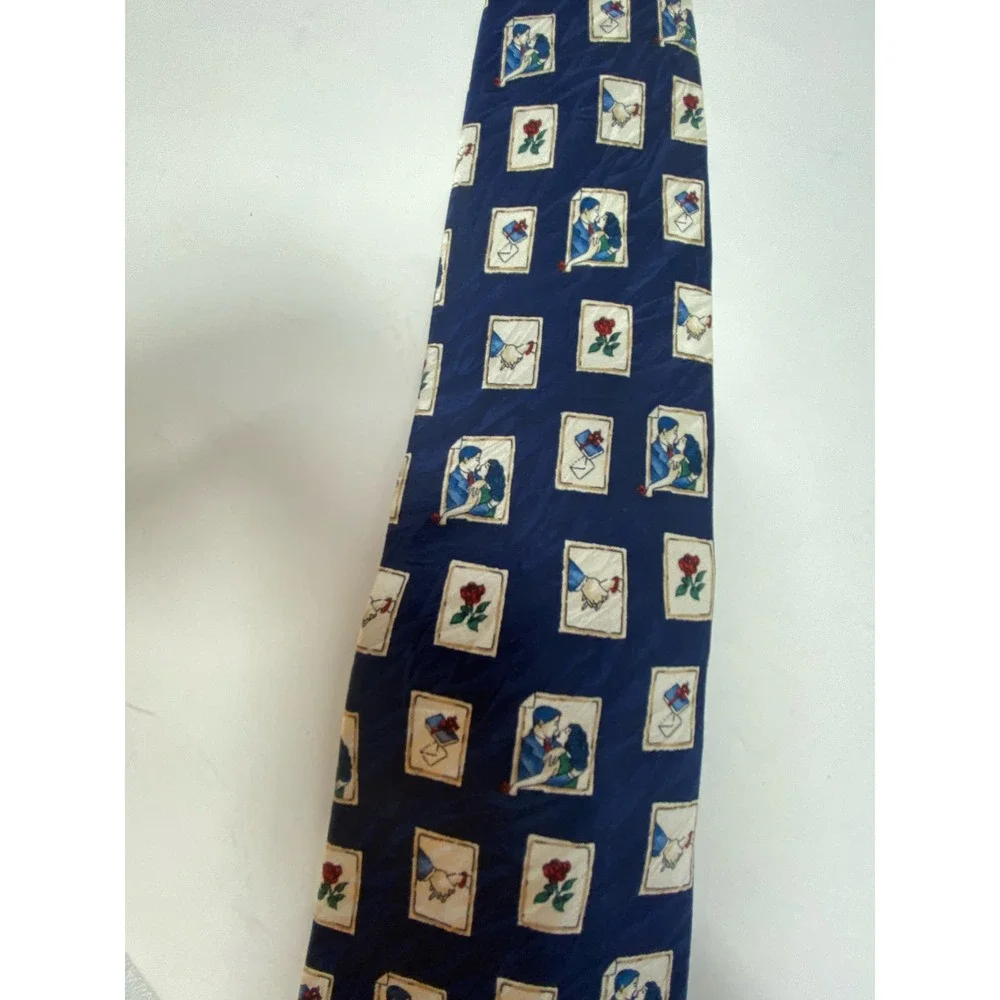 Barbara Blank Neck Tie Mens OS Blue Stamps Vintage 100% Silk Handmade Love Roses