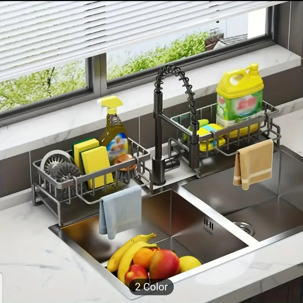 Gray Sink Caddy, Sponge Storage & Drain Rack With Dishcloth Holder