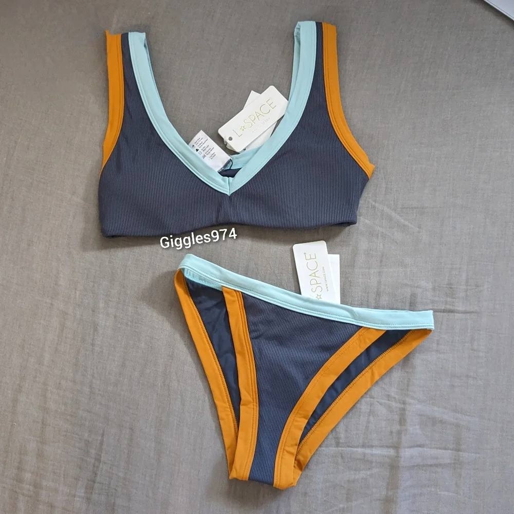 L*Space Lala Vacay Bikini Set Slate Sky Blue Inka Gold