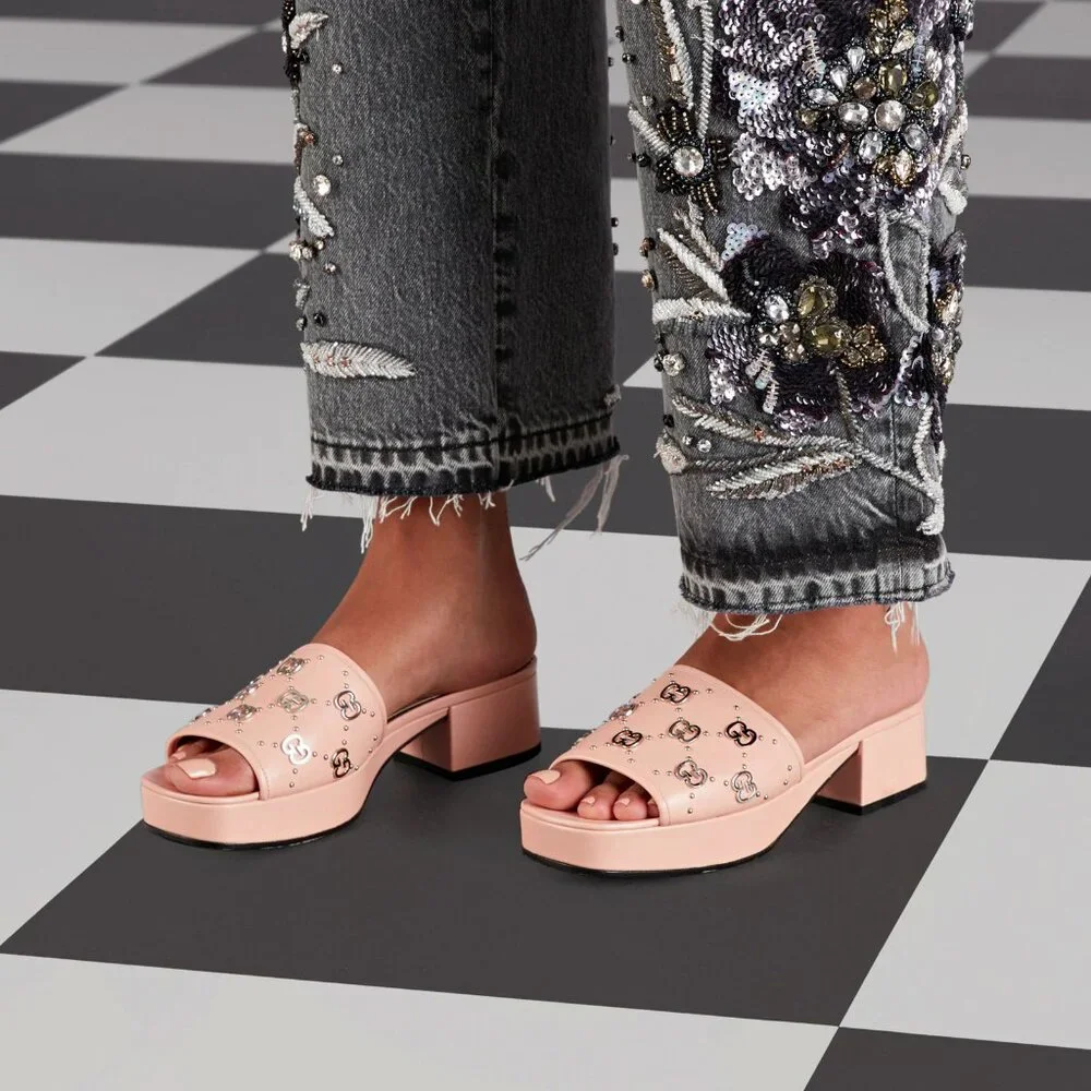 NEW GUCCI Janaya Interlocking GG Studs Rose Leather Sandals Slides EU 41 US 11