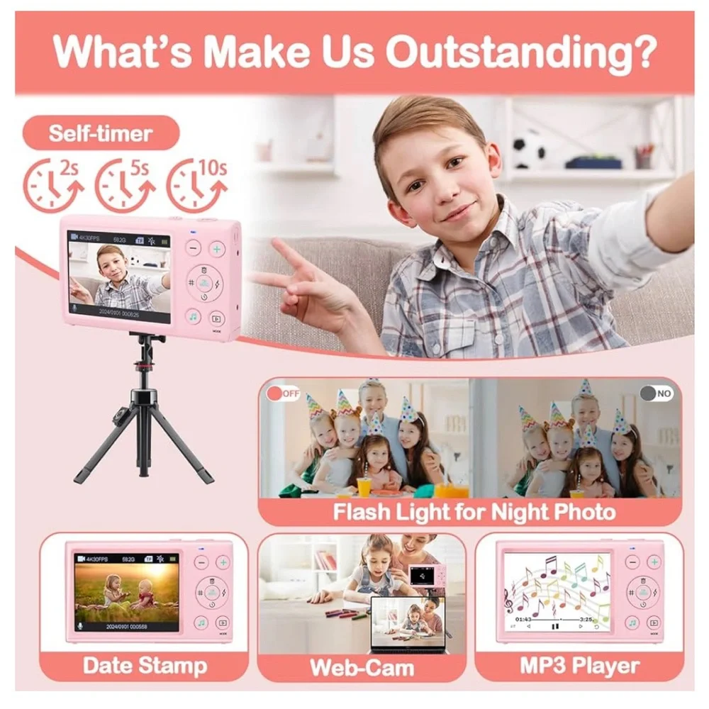 NIB Digital Camera,W/ 64GB Card & 2 Pack Battery,4K/1080p 18X Zoom,Anti-shake