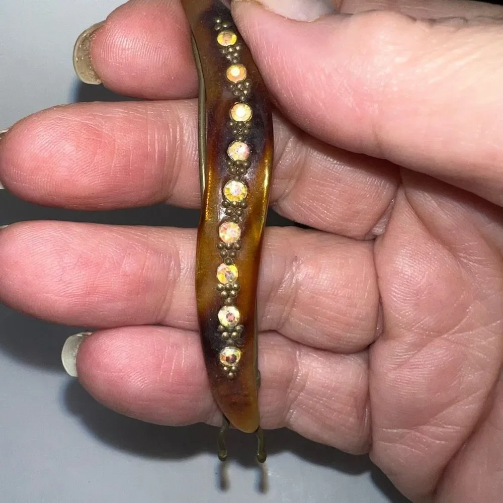 Vintage French Made Tortoise Shell With Crystal Inlay Hair Barrette