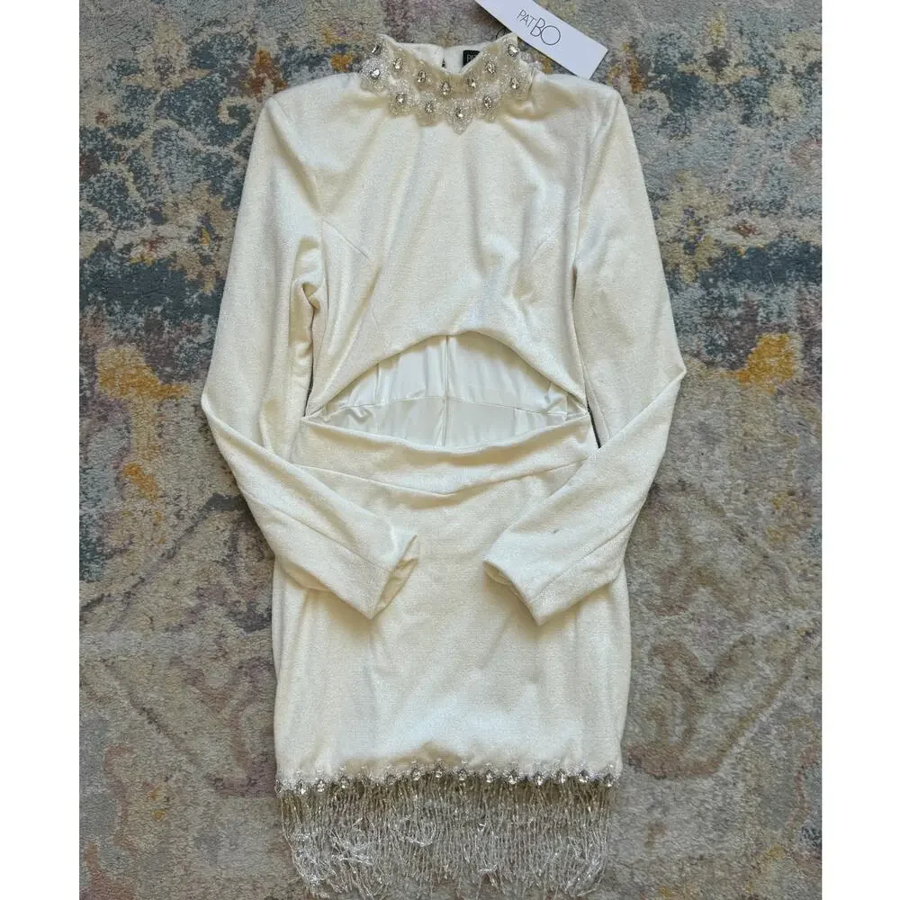 PatBO Hand Crystal Beaded High Neck Long Sleeve Mini Dress