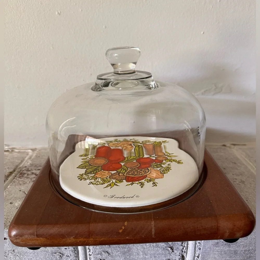 Rare Vintage Goodwood Teak Cheese Tray with Dome Lid
