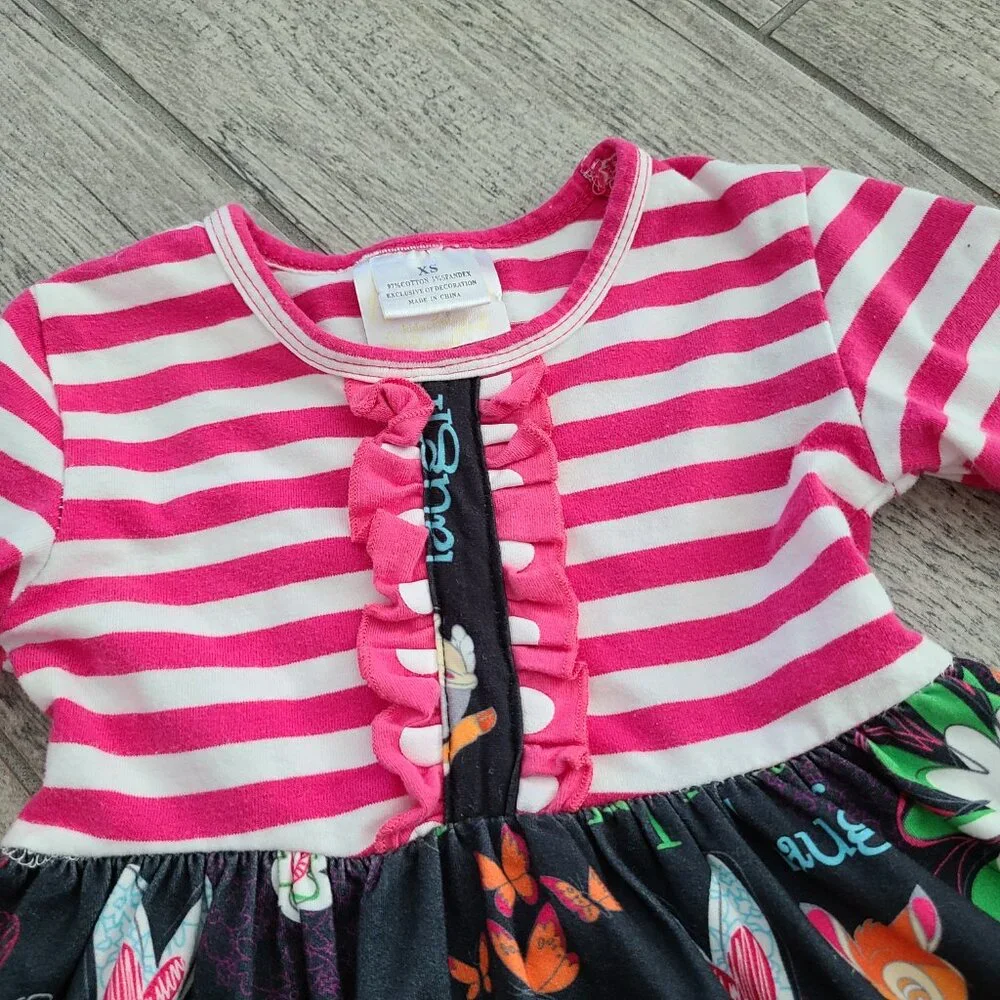 Little girl Bambi tunic dress pink & white striped Thumper floral ruffles sz XS