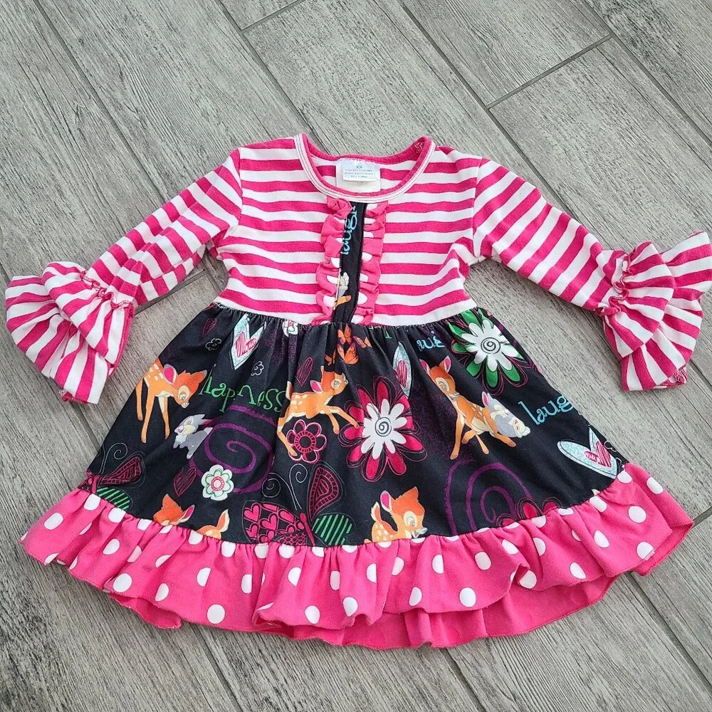 Little girl Bambi tunic dress pink & white striped Thumper floral ruffles sz XS