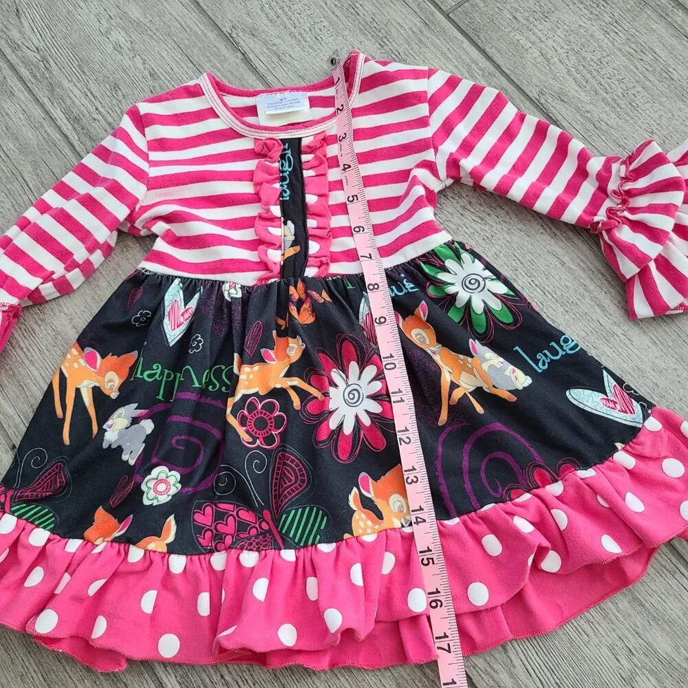 Little girl Bambi tunic dress pink & white striped Thumper floral ruffles sz XS