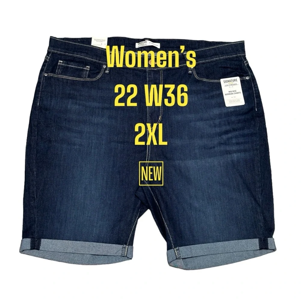 Women’s Levi’s 22 W36 XXL Navy Blue Denim Jeans Shorts Bermuda Rolled Stretch