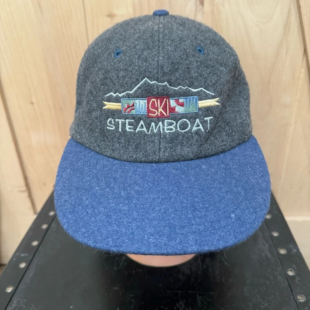 Vintage 80s Steamboat Ski Resort Wool Hat Trucker Adjustable Cap Gray Blue