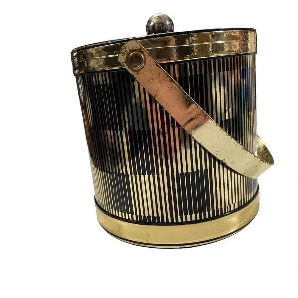 Vintage Unique Laslo Ice Bucket Drulane A Towle Co USA Made Shiny Black & Gold