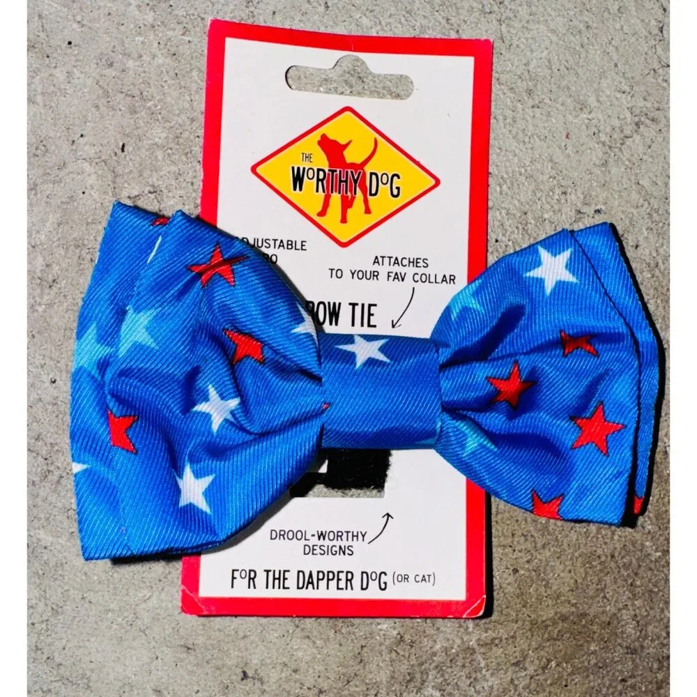 The Worthy Dog Cat or Dogs Bow Tie Small Patriotic Blue Stars Adjustable