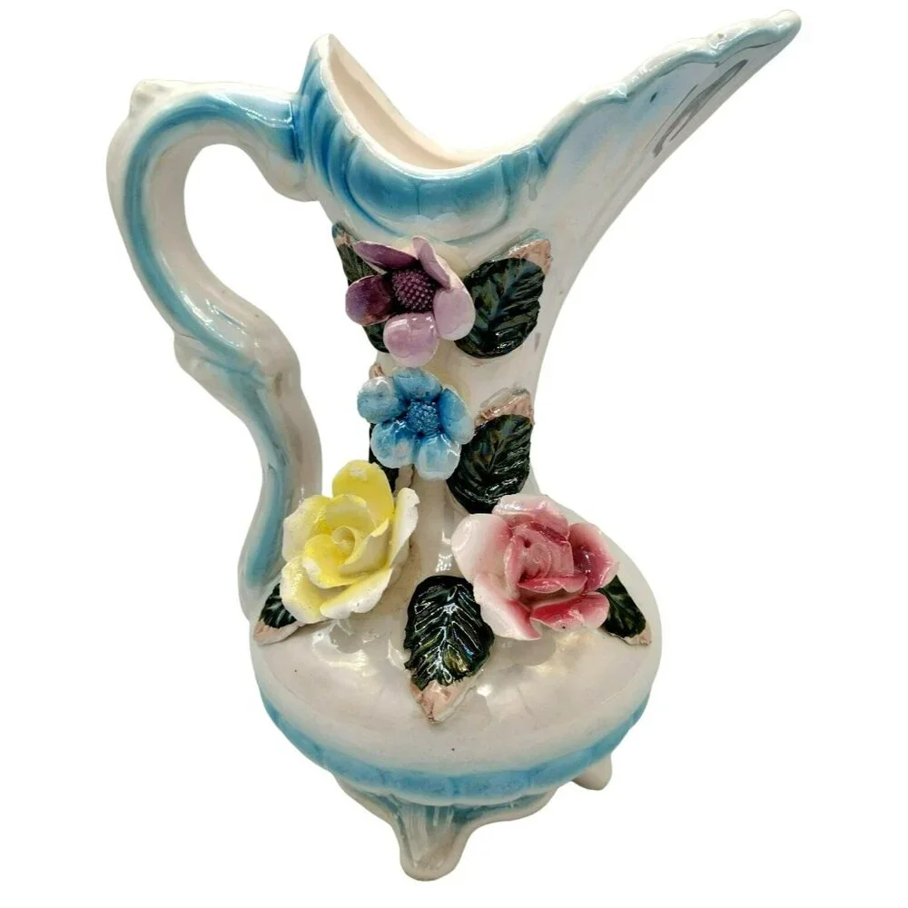 Lusterware Pitcher Vase with Flower Accents and Handle 8 Inches Vintage