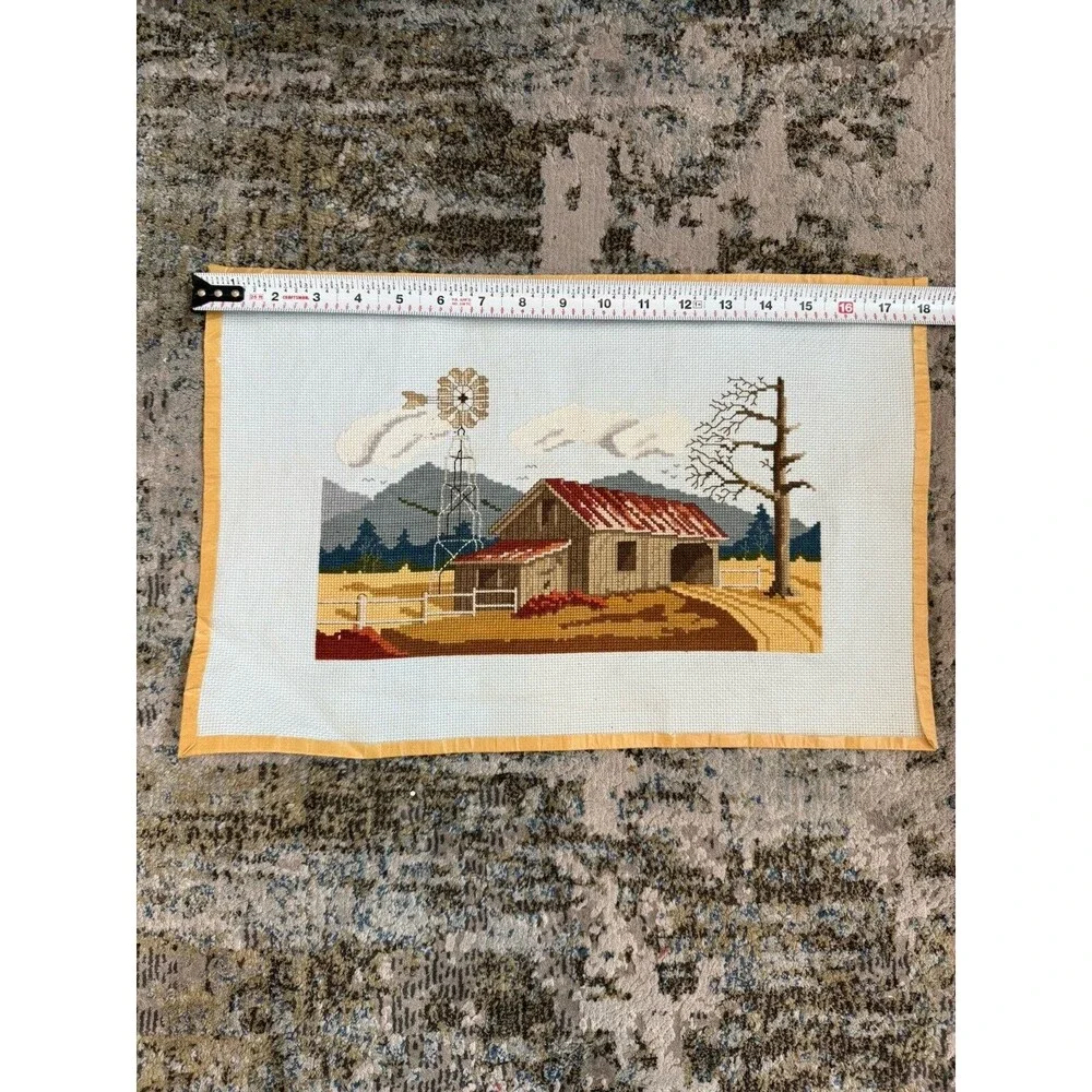Vintage Large Embroidery Needlepoint 18x12 Crewel Yarn Art Barn And Windmill