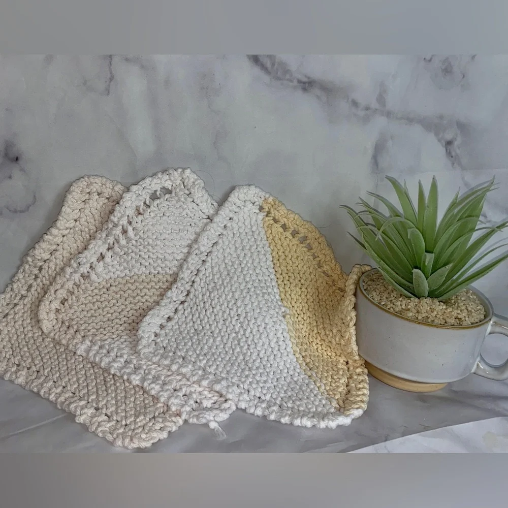 3 Vintage Hand Knit Washcloths Dish Rag ⚡️