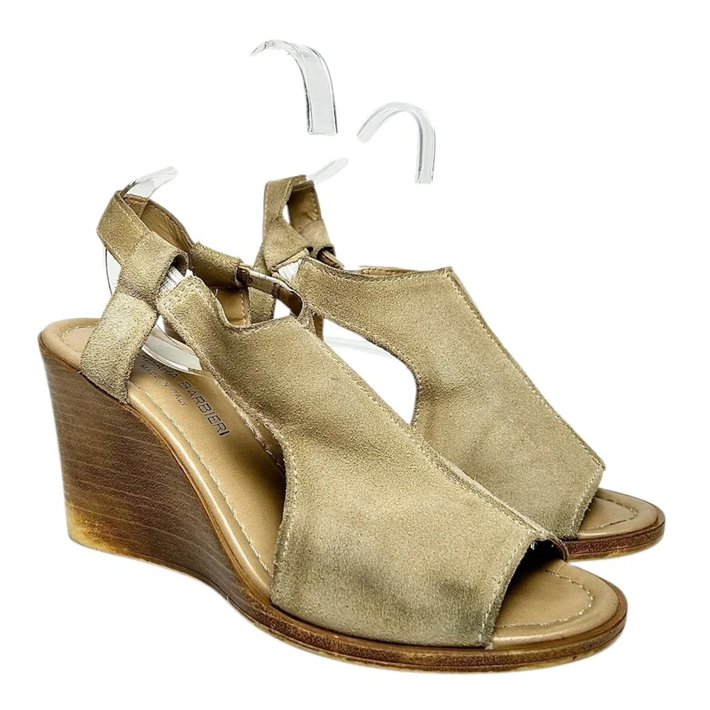 Barbara Barbiere Wedge Brown Tan Suede with Strap Sandals Size 8