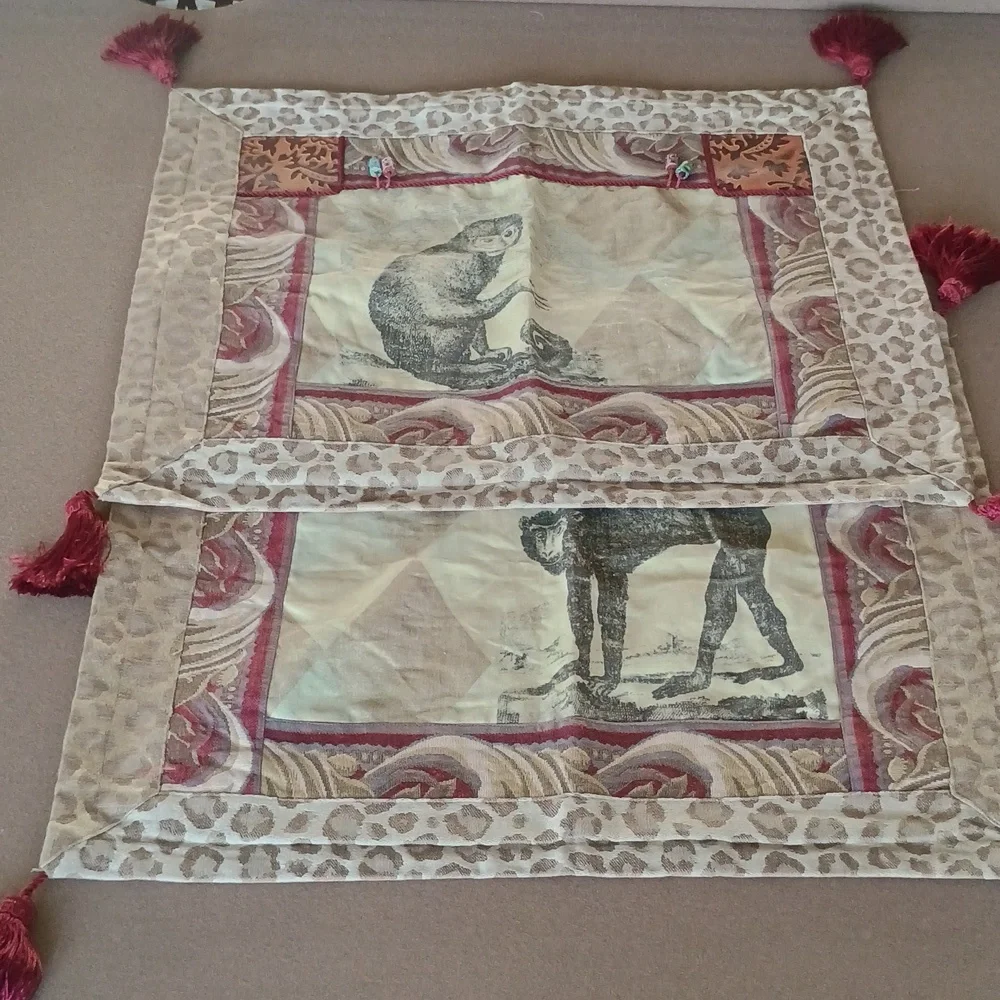 PILLOW SHAMS SET OF TWO WITH MONKEYS AND TASSELS BURGUNDY TAN LEOPARD PRINT